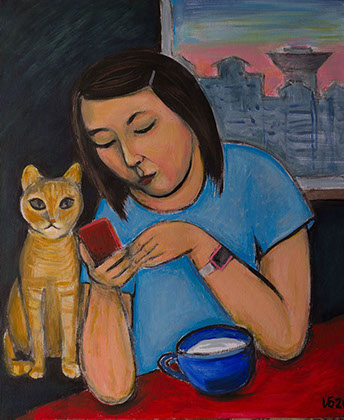 Girl (Erzhena), a cat and cell phone